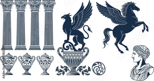 Ancient Greek art icons with columns, amphorae, Pegasus, griffin, classical busts, mythology symbols, decorative motifs, heritage theme, flat vector