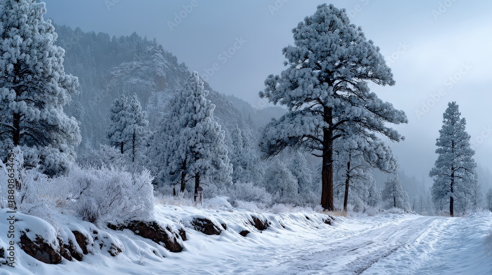Obraz premium Winter Wonderland Landscape with Snow Covered Pine Trees and Path