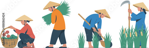 Asian Farmers Working in Fields Vector Set – Straw Hat Agriculture