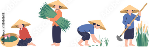 Asian Farmers Working in Fields Vector Set – Straw Hat Agriculture