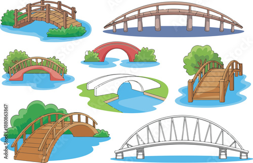Flat Vector Bridge Set – Wooden, Metal, and Brick Footbridges