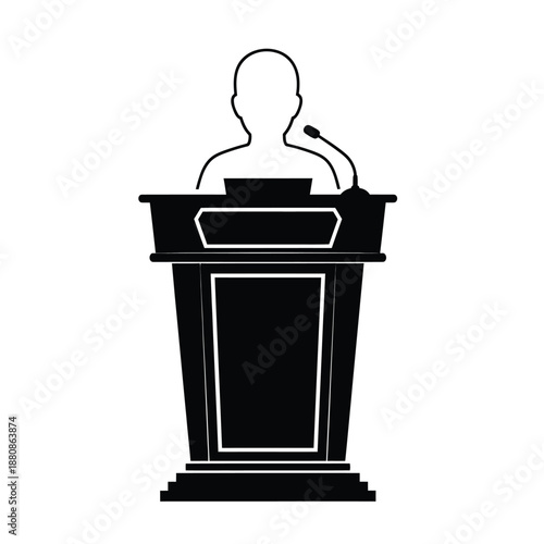 Black and white of a person speaking at a podium speaker