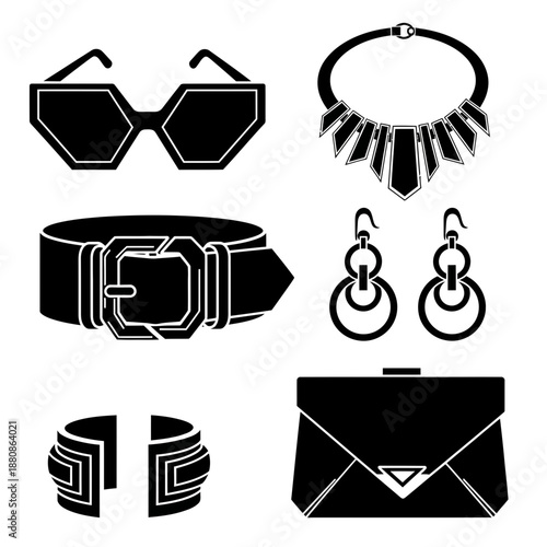 Chic fashion accessories collection offering stylish sunglasses, necklace, earrings, handbag, belt and bracelet for trendy lifestyle designs