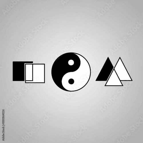 Balance and harmony with iconic yin yang symbol, geometric squares and triangles in sleek black and white design for modern spiritual concepts