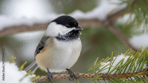 A black-capped chickadee perched on a pine branch with snow on it.