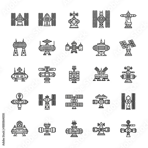 Futuristic space station icons for sci-fi designs, perfect for technology projects and exploration themes, inspiring innovation and interstellar adventures