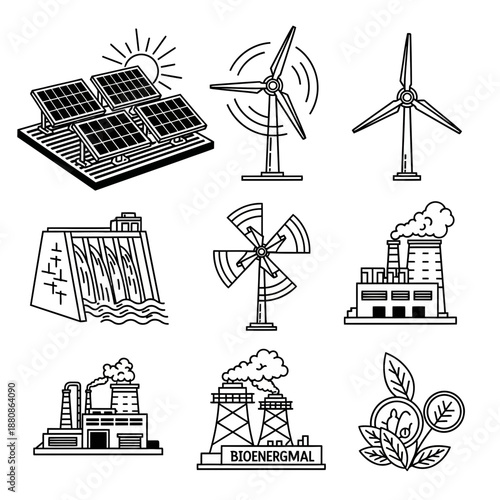 Sustainable energy solutions featuring wind turbines, solar panels, and hydroelectric dam, ideal for eco-friendly campaigns and environmental projects.