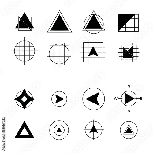 Sleek navigation icons set for modern web design projects with precise compass and direction symbols, perfect for user interface and intuitive app development
