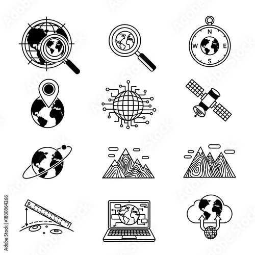 Explore global innovation with dynamic icons representing worldwide connection, data analysis, satellite communication, and travel technology on a white backdrop