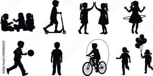 Children silhouettes playing outdoor games, riding bikes, jumping rope, hula hoop, scooter, balloons, joyful childhood activity set isolated vector illustration
