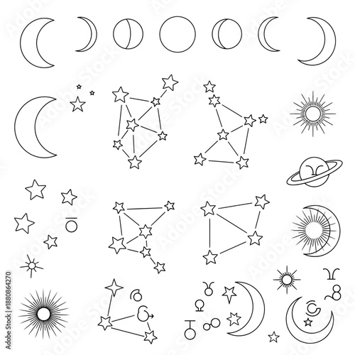Celestial line art collection featuring moon phases, zodiac signs, stars, constellations, and a whimsical planet for dreamy designs and mystical themes