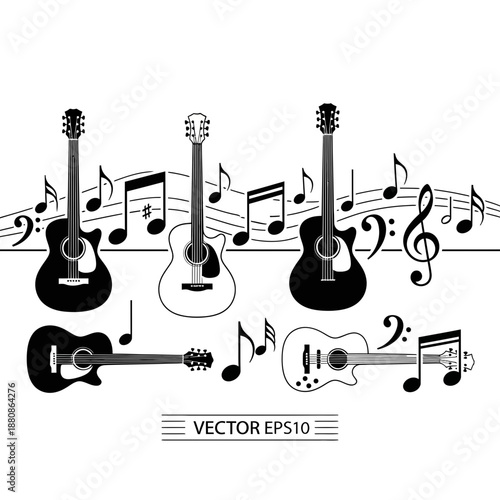 Acoustic guitars with sheet music in black and white create a vibrant musical backdrop for creative projects and music promotions with a classic vintage feel