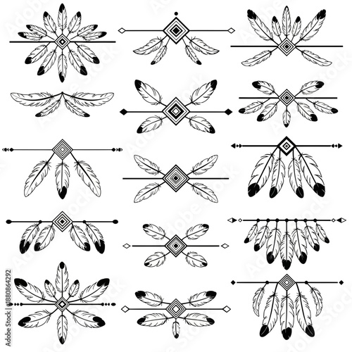 Beautiful tribal feather dividers adding elegant flair to your designs, perfect for invitations, logos, and artistic projects with a touch of bohemian charm