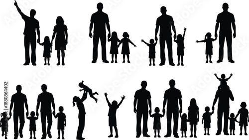 Family silhouettes collection showing parents and children together, joyful bonding moments, love and unity, isolated black figures on white background vector illustration
