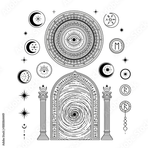 Enigmatic celestial portal design featuring mystic moon phases and esoteric symbols, perfect for fantasy art, astrology projects, and spiritual themed designs