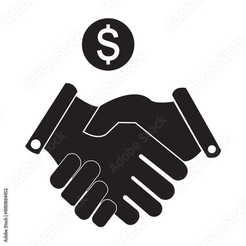 Vector isolated Shaking Hand Dollar icon set in black outline and fill. Finance agreement and investment deal illustration. Eps 10.