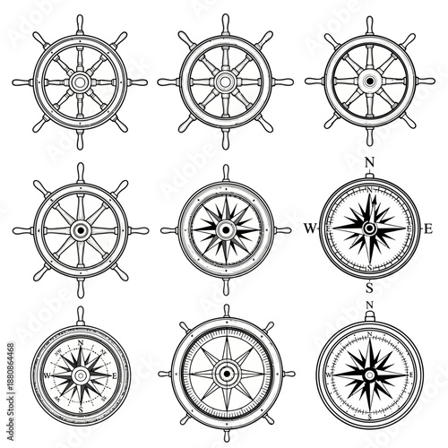 Set sail with these vintage nautical designs featuring detailed ship wheels and compasses, perfect for maritime themes and ocean adventures