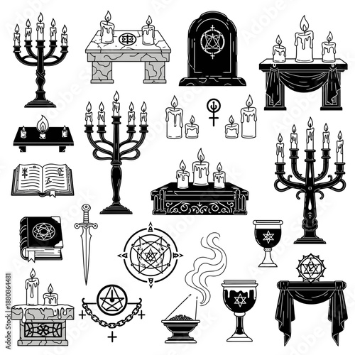 Mysterious occult ritual elements for your designs featuring spell books, candles, chalices, and pentagrams to add a touch of dark magic and gothic flair