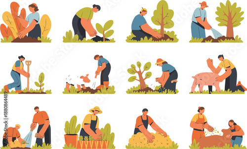 Colorful Farm Life Vector Set – Gardening, Animals, and Rural Scenes