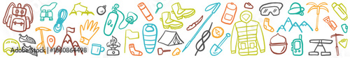 Horizontal vector collection of mountaineering equipment, hand drawn in doodle style