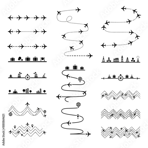 Airplanes and travel destinations create dynamic travel routes and itineraries perfect for vacation planning and booking resources, a modern travel concept