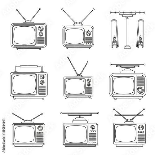 Nostalgic retro television set designs for vintage tv collection, broadcast media, old technology, entertainment history, and television repair services