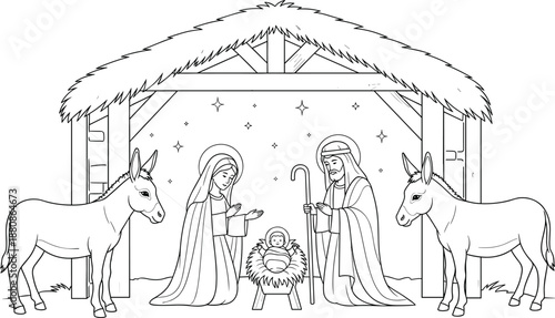 Nativity scene line art with Mary, Joseph, baby Jesus, donkeys, stable, celestial stars, religious Christmas theme, holy birth, flat vector