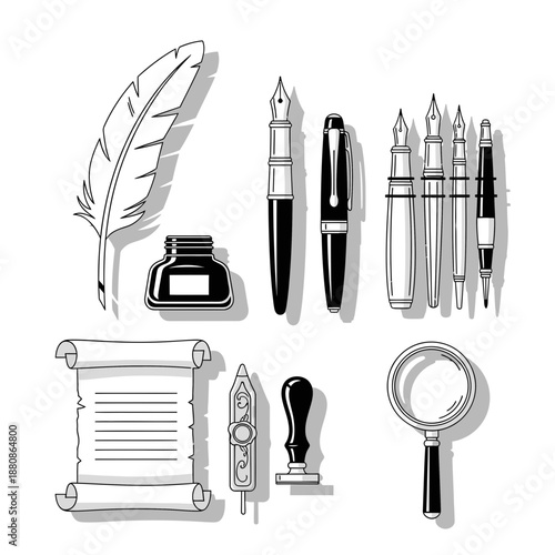 Elegant quill and inkwell with fountain pens, scroll, and magnifying glass evoke classic writing, perfect for vintage designs and historical narratives