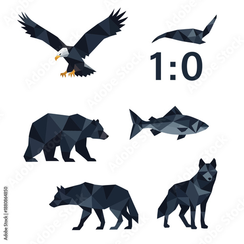 Striking geometric wildlife collection featuring eagle, bear, wolf, fish, and bird, ideal for nature, conservation, and outdoor themed designs needing a modern edge