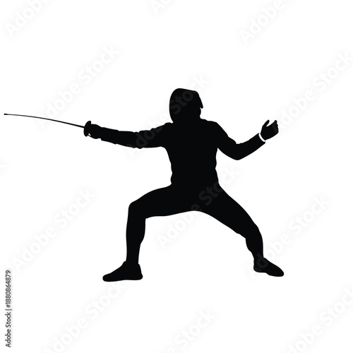 Black silhouette of fencer in stance with sword fencing