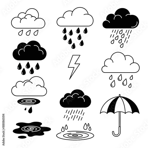 Monochrome weather icons featuring clouds, rain, lightning and umbrella for weather apps and designs needing simple and clean visuals