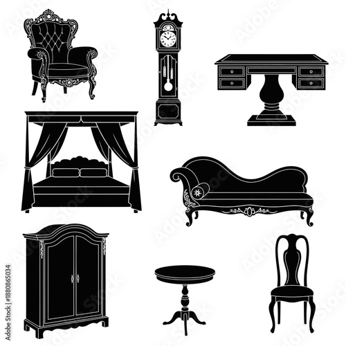 Elegant antique furniture collection perfect for vintage interiors or theatrical designs, including bed, chaise lounge, clock, table, chair, and wardrobe