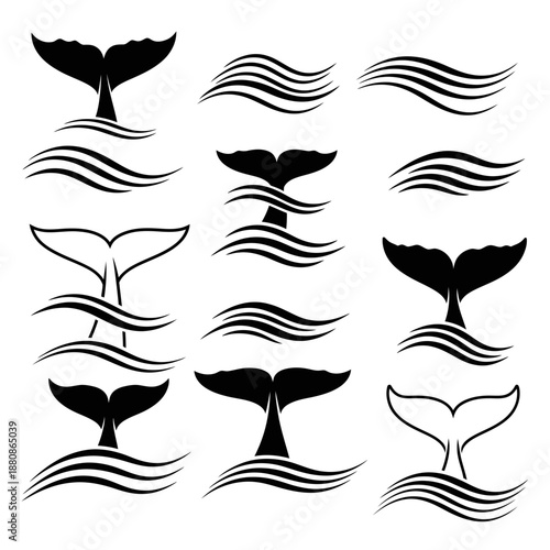 Elegant whale tails and waves collection for marine designs, perfect for minimalist logos, nautical themes, and ocean-inspired branding projects, so stunning!