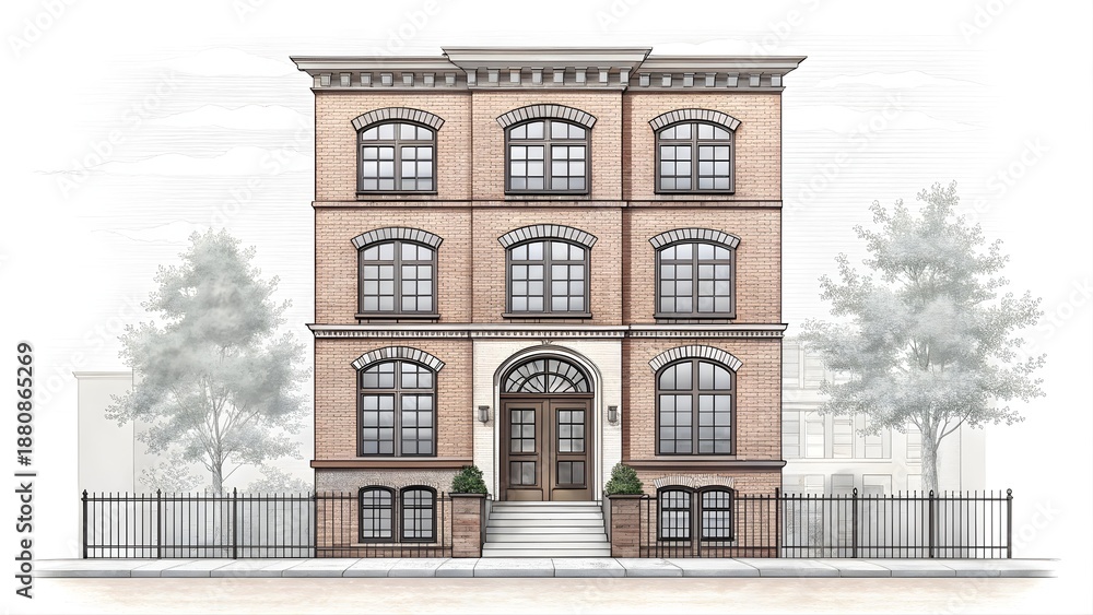 Obraz premium Historic brick row house with arched windows