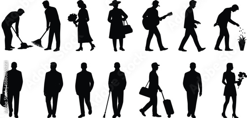 Diverse Silhouettes of People Engaged in Various Activities and Occupations Keywords: silhouette, people, man, woman, sweeping
