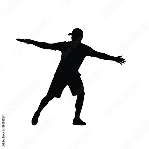 Black silhouette of man wearing baseball cap throwing frisbee