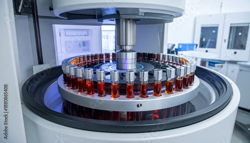 A laboratory machine analyzing test tubes filled with liquid. Automated testing device