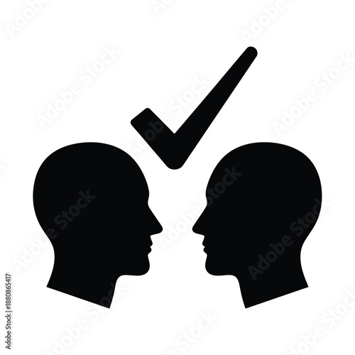 Black silhouettes of two human heads facing each other with checkmark