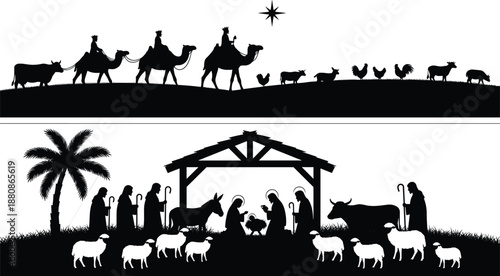 Nativity scene silhouette with wise men, camels, animals, baby Jesus, Mary, Joseph, stable, star, Christmas celebration, religious theme, flat vector