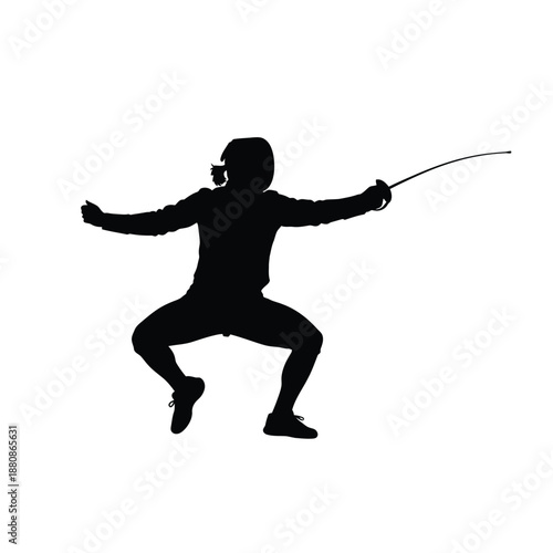 Fencer in fighting stance with sword silhouette black