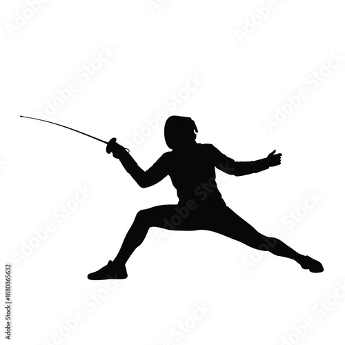 Fencer in lunge position with sword fencing silhouette