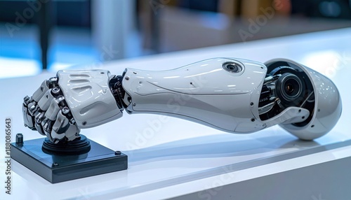 Robotic arm prosthetic, white with detailed joints and integrated camera, resting on a surface