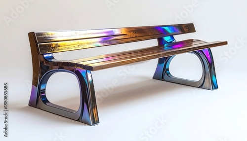 A modern, iridescent bench with wooden seat against a clean white backdrop