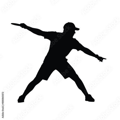 Man in black silhouette pointing left and right wearing baseball cap