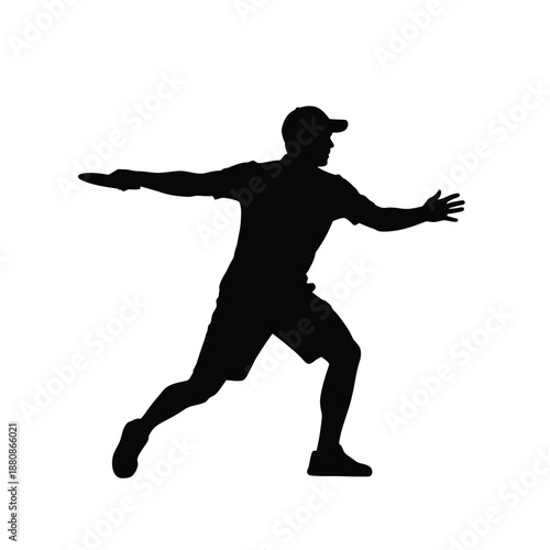 Man in black silhouette wearing baseball cap throwing