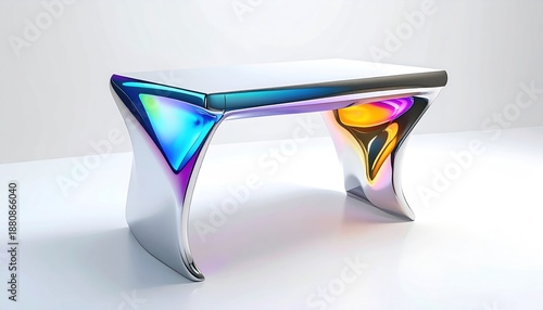 Futuristic iridescent desk on a white background, reflecting vibrant colors and sleek design
