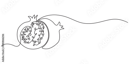Pomegranate in Continuous single one line drawing. One line drawing of fruit. Happy Shana Tova Fruit contour with editable stroke. Continuous linear drawing of pomegranate. One line drawing garnet