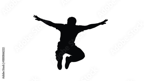 Man jumping with arms outstretched in black silhouette on white background