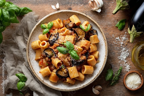 A stunning top-down culinary shot of Pasta alla Norma served in a speckled, rustic ceramic bowl
