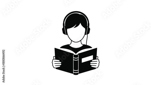 Person wearing headphones reading book black